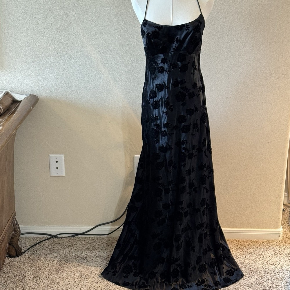 VTG Zum Zum Niki Livas Slip Maxi Dress 9/10 Black Flocked Goth Prom